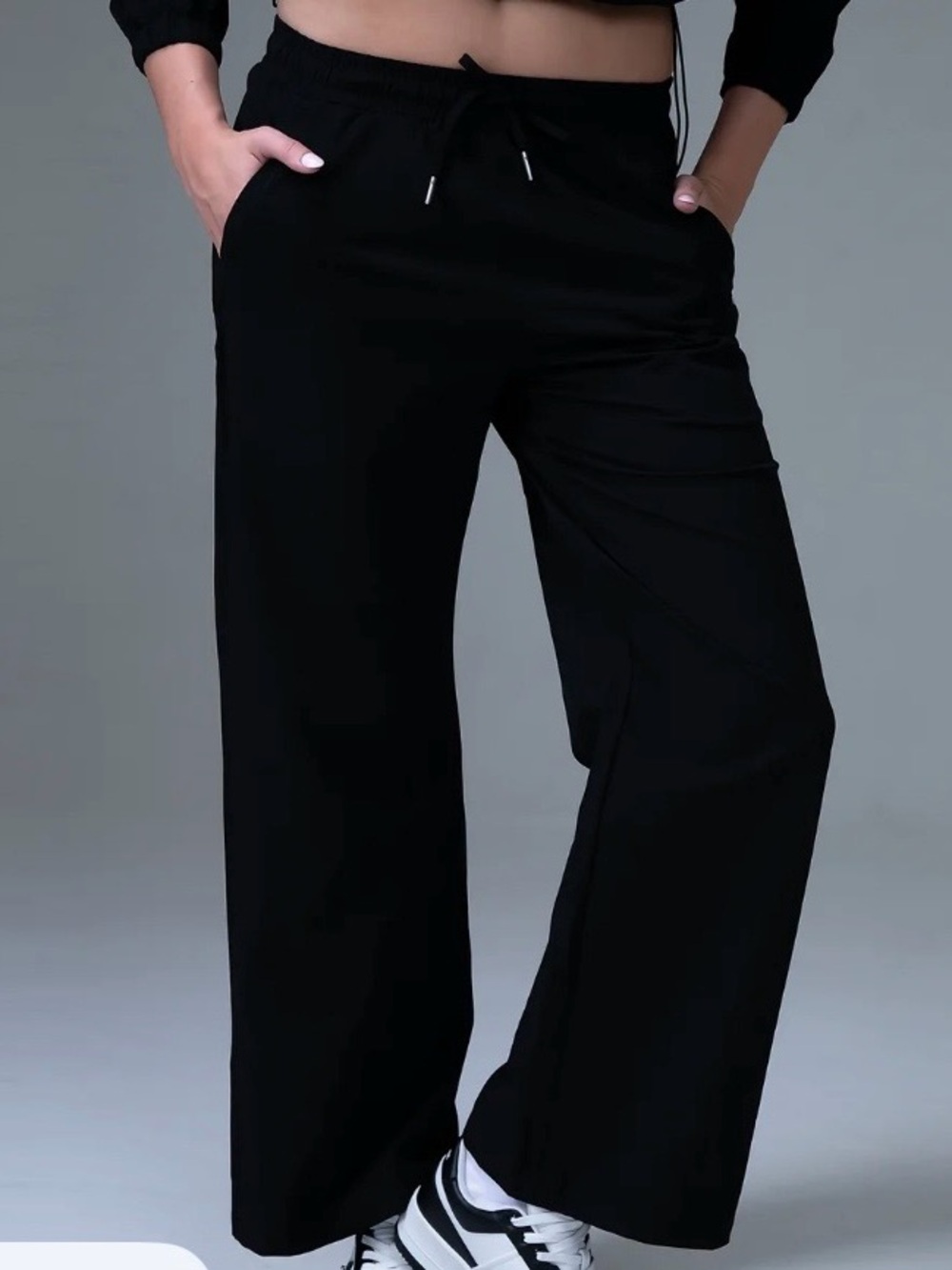 Women's Black Wide-Leg Drawstring Nylon Joggers Workout Pants